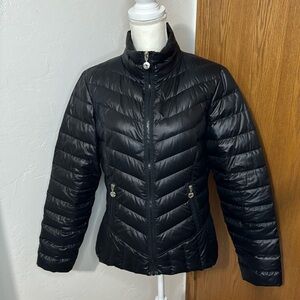 Betsy Johnson matte black puffer jacket with lace trim L